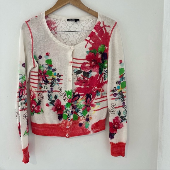 Marc Aurel Sweaters - Floral Lace-Back Button Front Cardigan Sweater - White & Red Linen Blend